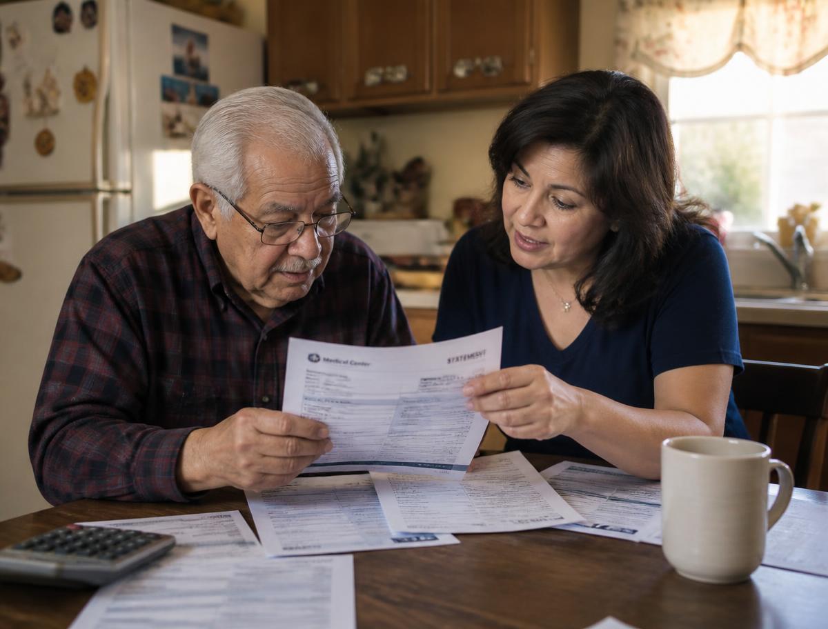 An adult daughter helping her father read a medical bill at the kitchen table
